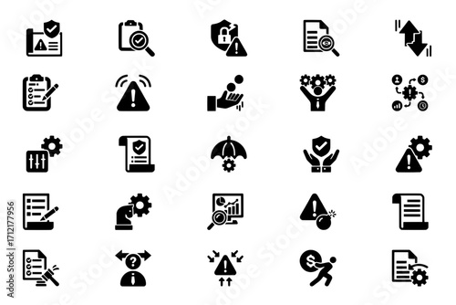 Business and finance icons collection with reports, analysis, taxes, documents, and corporate investment symbols in flat vector design