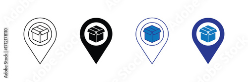 Set of four location pin icons with a box inside, representing delivery or shipping services, isolated on white background