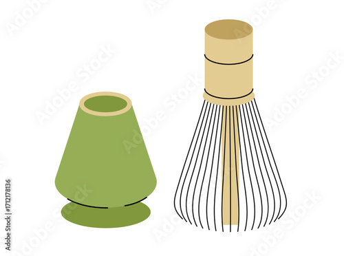 Matcha whisk chasen and green tea holder. Flat vector illustration.