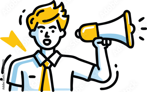 Young man with yellow hair holding a megaphone illustration announcement