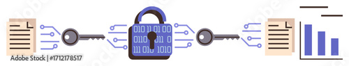 Binary padlock connecting documents via keys and digital pathways. Ideal for cybersecurity, data privacy, encryption, networking, information security, internet safety, simple flat metaphor