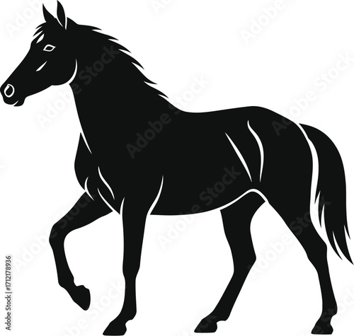 Black silhouette of a horse in side view, farm animal illustration in vector style
