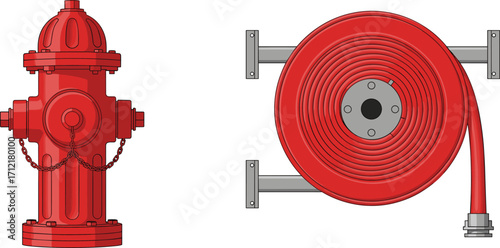 Red fire hydrant and hose reel illustration, emergency water supply, fire safety equipment, firefighting tool, urban infrastructure, protection system