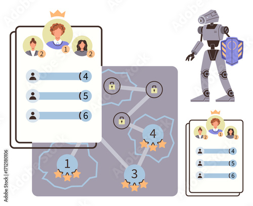 Ranked profiles on leaderboard with scores, star ratings, nodes with locked levels, and a futuristic robot. Ideal for gaming, competition, teamwork, hierarchy, AI tools UX design simple flat