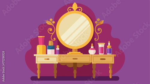 A vanity table with a large ornate mirror covered in various gold and silver beauty products.