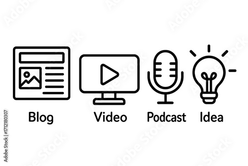 Creative digital media icons set including blog, video, podcast, and idea symbols, outline style vector illustration with transparent background for multimedia content creation