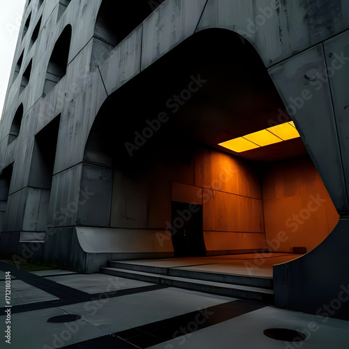 Modern brutalist concrete building with an inviting, warm glowing arched entrance and strong architectural lines creating a dramatic urban scene
