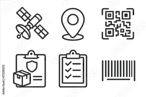 Outline icons for logistics and supply chain management including satellite, location pin, QR code, customs, checklist, barcode in cartoon style with transparent background, set of vector symbols