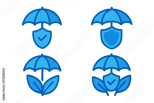 Umbrella insurance icon set concept. Shield for protection and security. Life insurance metaphor with leaves. Safety guarantee symbol. Secure business coverage. Vector logo.