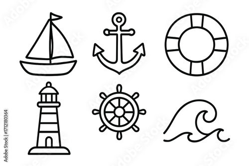 Nautical line art icons set with sailboat, anchor, steering wheel, life buoy, lighthouse, and wave, vector cartoon illustration, maritime symbols with transparent background, ordered sea elements