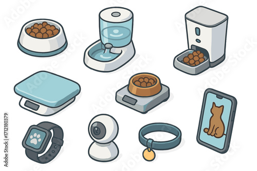 Isometric Pet Care Icons with Feeders, Scales, and Technology for Modern Pet Management, Vector Cartoon Illustration, Transparent Background, Organized Set for Pet Health and Monitoring
