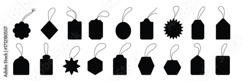 Collection of black silhouette gift tags and price tags in various shapes and sizes, isolated on a white background, perfect for retail and holiday promotions