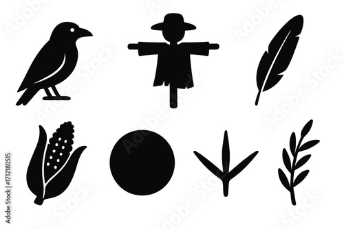 Silhouette icons set of crow, scarecrow, feather, corn, circle, bird track, willow branch, vector cartoon illustrations with transparent background, ordered nature and farming symbols