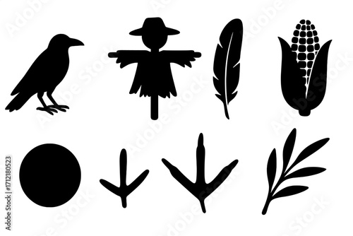 Silhouette icons set of crow, scarecrow, feather, corn, circle, bird track, willow branch, vector cartoon illustration with transparent background, nature and autumn symbols