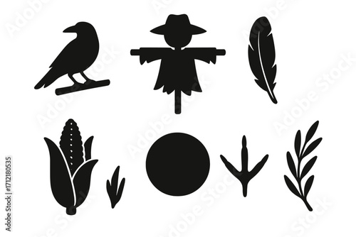 Silhouette icons set with crow, scarecrow, feather, corn, circle, bird track, willow branch, vector cartoon illustrations, transparent background, ordered collection of nature and wildlife elements