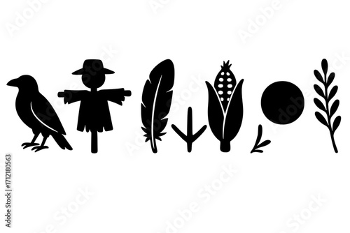 Silhouette icons set with crow, scarecrow, feather, corn, circle, bird tracks, willow branch, vintage style vector cartoon illustration with transparent background, ordered collection