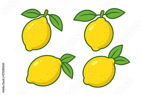 Fresh lemon fruit vector illustration set. Cartoon citrus icons with leaves. Healthy food concept. Bright yellow sour fruit for juice, lemonade or decorative summer design element.