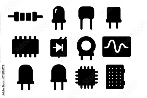 Silhouette icons of electronic components for DIY projects and makers, vector cartoon illustration set, transparent background, ordered collection for electronics design and hobbyists