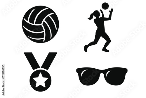 Silhouette sports icons set including volleyball player, volleyball ball, award medal with star, and classic sunglasses, vector cartoon illustration, transparent background, sporty symbols collection