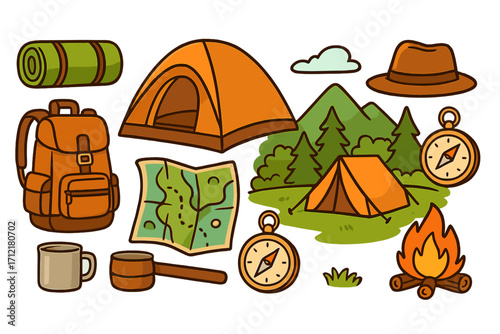 Camping gear essentials for outdoor adventure. Hiking equipment set with tent, backpack, map, compass and campfire. Vector cartoon icons for travel, tourism and nature.