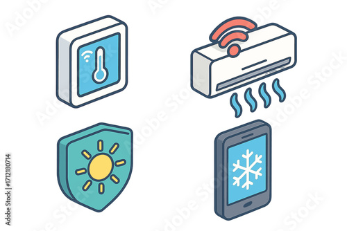 Smart home climate control icons in modern isometric style, vector cartoon illustration with transparent background, ordered set of home automation, thermostat, ventilation, temperature management