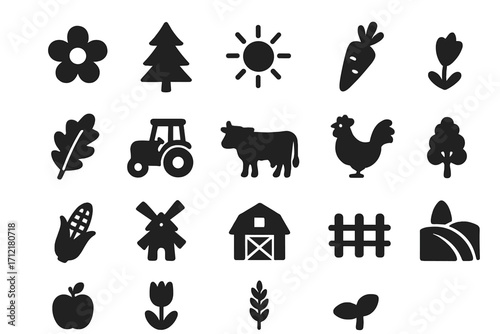 Minimalist nature and farm icons set, silhouette style vector, cartoon agricultural symbols collection, transparent background, simple design, trees, animals, crops, farming tools, rural life elements