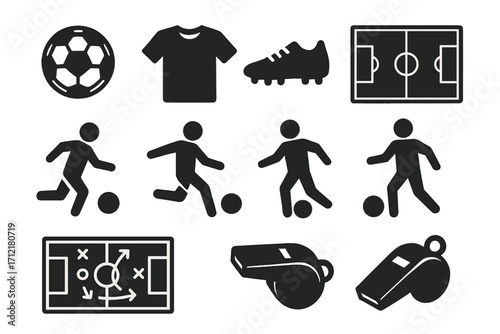 Soccer silhouette icons set with ball, players, cleats, field, tactics board, whistle, equipment, sports symbols, vector cartoon illustration, transparent background
