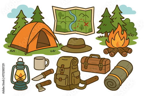 Camping gear collection for outdoor adventure. Vector set with tent, map, campfire, backpack, lantern, axe. Hiking and travel equipment icons for nature exploration.