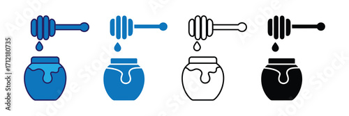 Set of four icons depicting a honey dipper with dripping honey over a jar, in blue solid, blue outline, black outline, and black solid styles, isolated on white background