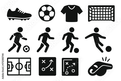 Soccer silhouette icons set with soccer boot, ball, jersey, goal, players dribbling and kicking, field layout, tactics board, coach strategy, and referee whistle vector illustration