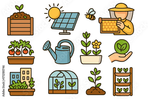 Sustainable urban gardening icons set with compost, solar energy, beekeeping, watering can, greenhouse, plant growth, urban farming, eco-friendly gardening tools, vector cartoon illustration