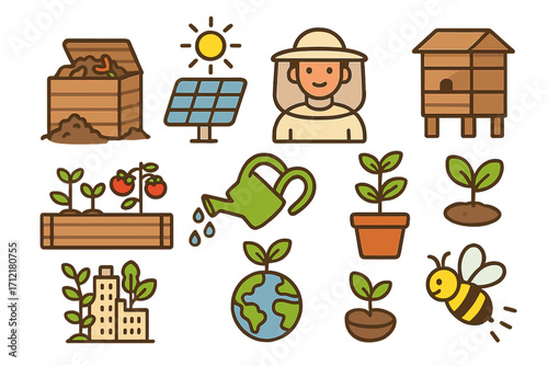 Sustainable urban gardening icons set with compost bin, solar panel, beekeeping hive, eco-friendly tools, green planting, environmental care symbols, cartoon vector illustration