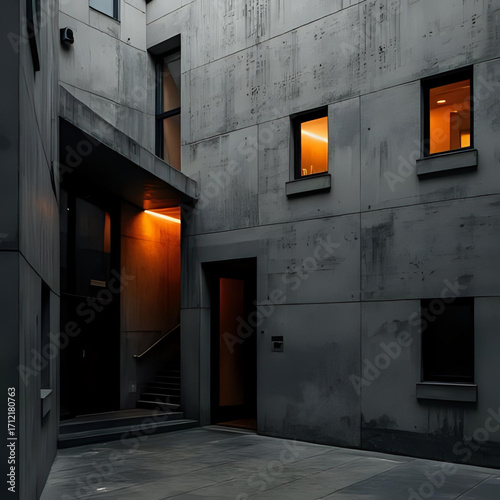 Modern concrete building exterior with warm orange light illuminating stairway and windows at dusk