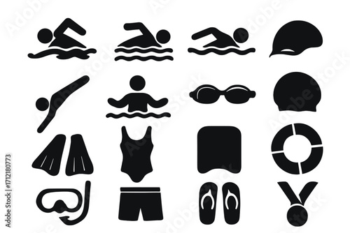 Swimming icons set with black silhouettes of swimmers, swimming equipment, swimwear, goggles, fins, caps, snorkel, flip flops, lifesaver ring, and medal, vector illustration
