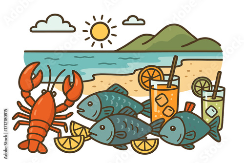 Coastal seafood illustration with lobsters, fish, and refreshing drinks. Summer beach vacation concept. Cartoon vector of a fresh seafood meal by the serene seaside.