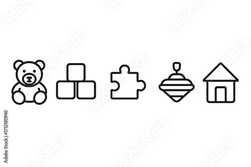 Minimalist toy icons set with teddy bear, building blocks, puzzle piece, spinning top, and house vector cartoon illustration on transparent background, clean design for kid graphics