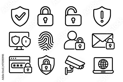 Security and privacy line icon set for digital devices, vector cartoon illustrations with transparent background, ordered collection of cybersecurity, data protection, user privacy symbols