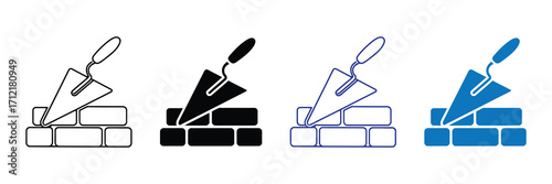 Set of four icons representing bricklaying with a trowel, including outline, solid black, outline with blue accents, and solid blue versions, isolated on white background