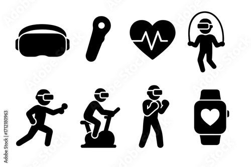 Virtual reality fitness icon set with VR gadgets and active workout activities in silhouette style, including jump rope, cycling, boxing, smartwatch health monitoring, and VR headset exercises