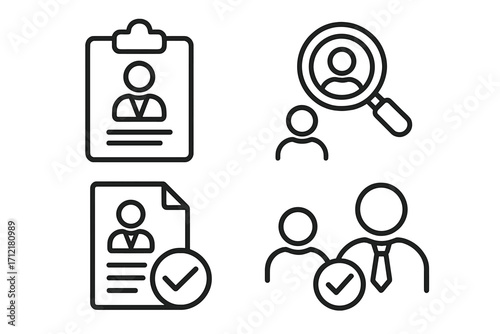 Job search and recruitment icon set. Human resources concepts like hiring, employment, and candidate selection. CV, resume, and application icons for business processes. Vector.