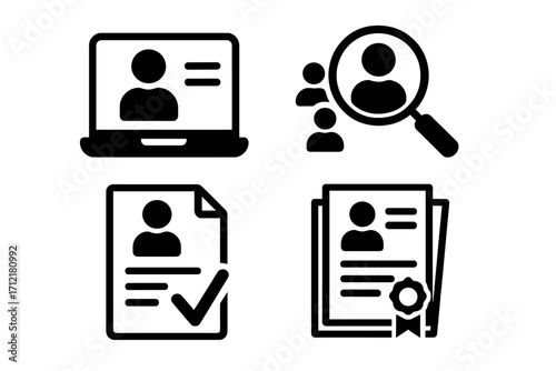 Recruitment process vector icon set. Concepts of employment, hiring, and headhunting. Contains icons for resume, CV, job application, candidate search, and portfolio.