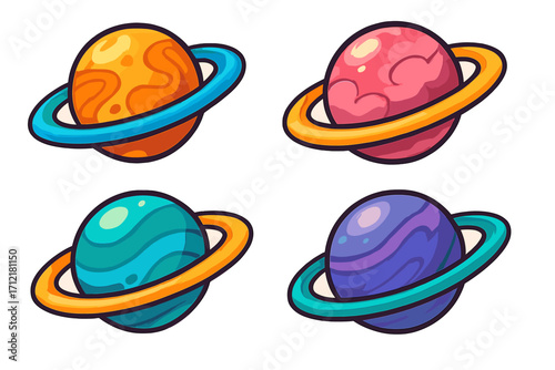 Colorful cartoon planets with rings set. Vector illustration for kids. Space, galaxy, solar system. Cute cosmic celestial bodies. Astronomy, sci-fi graphic icons isolated.