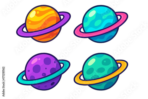 Set of colorful cartoon planets with rings. Cute fantasy space objects. Vector illustration collection for kids. Galaxy, universe, and astronomy icons for games or stickers.