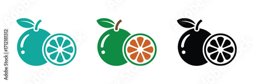 Three stylized icons of a whole orange and a sliced orange in different color variations teal, green with orange slices, and black, isolated on white background