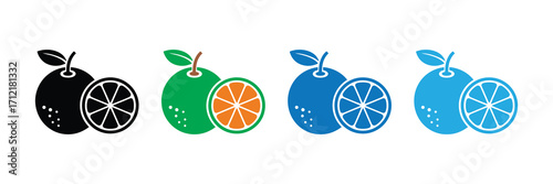 Set of four stylized citrus fruits, including a whole fruit and a slice, in black, green, and two shades of blue, isolated on a white background