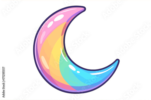 Colorful crescent moon with shiny finish. Vector cartoon illustration. Rainbow pastel hues. Glossy celestial object icon for kids. Magic sweet candy dream night sky symbol.
