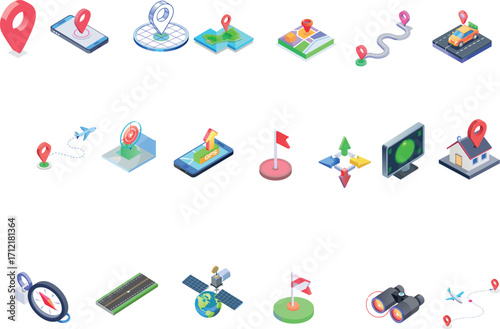 Set of GPS, Navigation, and Location Icons in Isometric 3D Style