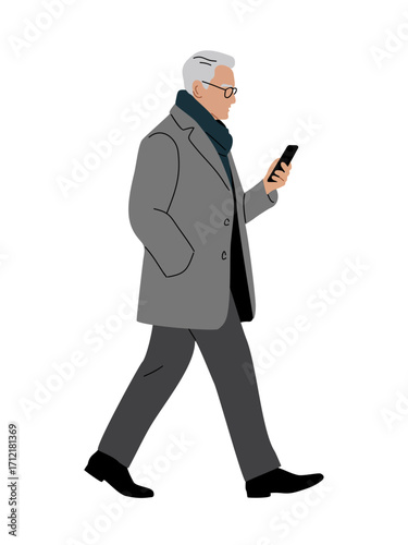 Flat vector illustration of an elderly man walking with a smartphone. Senior gentleman in glasses, coat, and scarf, full length, isolated on transparent background