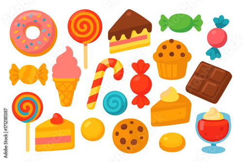 Sweets and candy big set vector illustration. Colorful collection of cartoon dessert icons. Lollipop, donut, cake, ice cream, chocolate, cookie for confectionery shop or bakery.