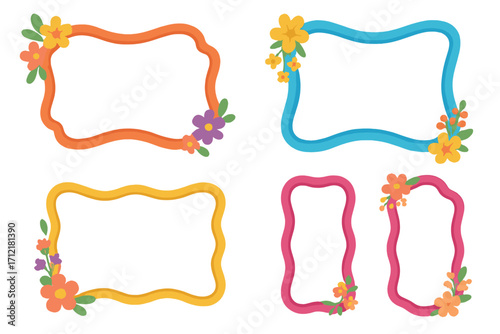 Set of colorful decorative frames with flowers. Wavy border collection for invitations, cards. Floral design elements. Vector cartoon illustration. Blank empty space for text.
